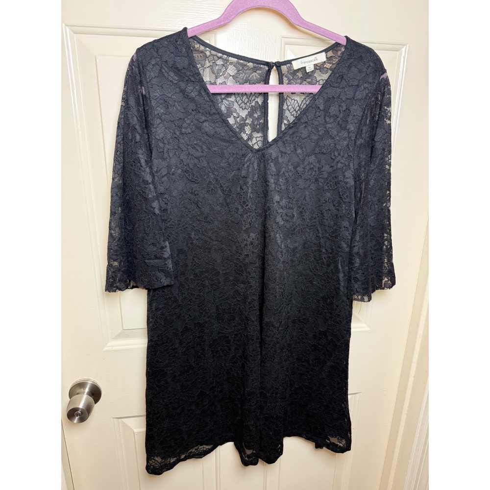 Francescas Black Floral Lace V-Neck Bell Sleeve Mini Dress